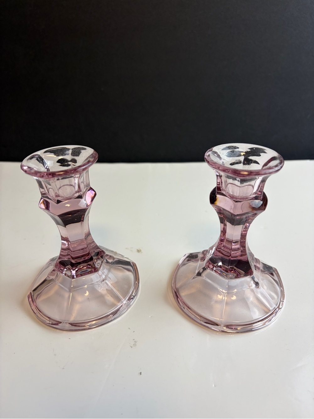 Pair of Pink Glass Candlestick Holders